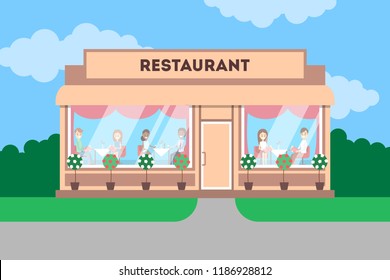 Restaurant Building In The City. Cafe Exterior Front View With Plants Outside. Flat Vector Illustration