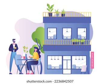 Restaurant building concept. Waiter serves client in fresh air, young girl in cafe looks at menu. Cultural rest and delicious food, romantic date. Modern service. Cartoon flat vector illustration