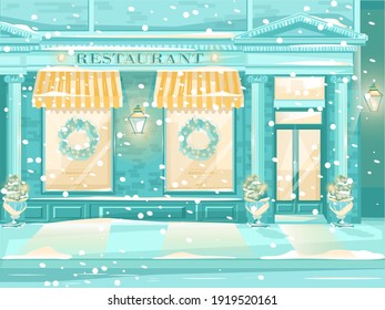 Restaurant Building Exterior Facade on Snow Covered Night City Street. Window Decorated with Christmas Wreath. Burning Lantern. Cold Snowy Winter Weather. Cozy House. Xmas Eve. Vector Illustration