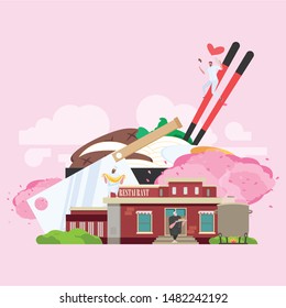 Restaurant building with food picture in the background