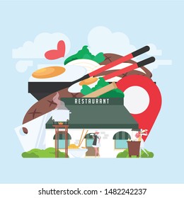 Restaurant building with food picture in the background