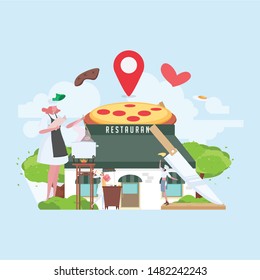 Restaurant building with food picture in the background