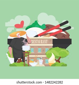 Restaurant building with food picture in the background