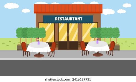 The restaurant building has chairs for sitting in front of the shop
