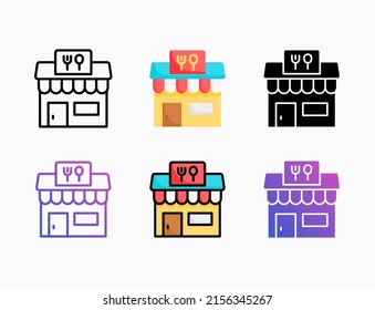 Restaurant building icon set with line, outline, flat, filled, glyph, color, gradient. Editable stroke and pixel perfect. Can be used for digital product, presentation, print design and more.