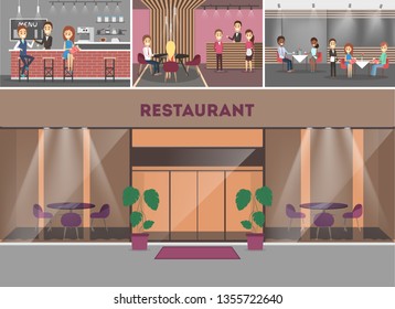 Restaurant building interior. People sitting at the table and eating food. Waiter in the uniform. Luxury furniture. Flat vector illustration