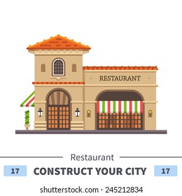 Restaurant Building. Italian Pizza And Pasta . Food Delivery. Set Of Elements For Construction Of Urban And Village Landscapes. Vector Flat Illustration