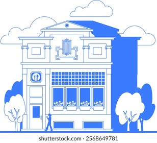 Restaurant building line art illustration. Cafe one color blue outline graphic. City street landscape. Diner, people and trees infographic. Old vintage architecture. Editable stroke.