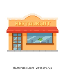 Restaurant building pixel art. Cartoon pixelated Cafe shop house. Fast food restaurant small house construction design element for 8 bit retro video games