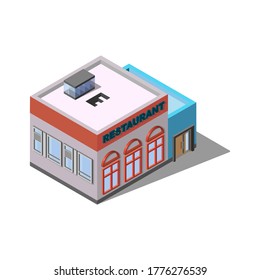 Restaurant building with a sign. Isometry architecture. Modern architecture