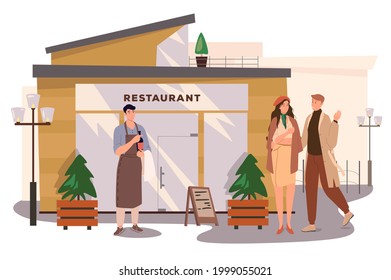 Restaurant building web concept. Couple going to dinner in cafe, waiter is holding bottle of wine. Man and woman at date. People scenes template. Vector illustration of characters in flat design