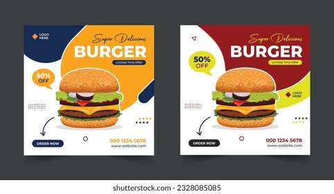 Restaurante Burger Food Social Media postea o diseño de plantillas de banner web. Cartel de promoción de alimentos. Burger ilustración vectorial de publicaciones en medios sociales 