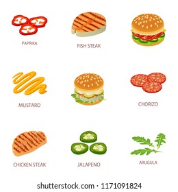 Restaurant burger icons set. Cartoon set of 9 restaurant burger vector icons for web isolated on white background