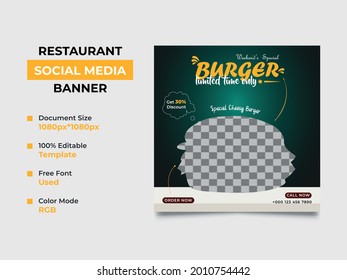 restaurant burger sale social media post template design, a burger image can be placed in the middle of the design. professional gradient color used in the template, vector square banner, eps 10