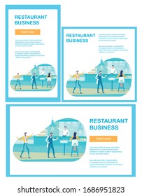 Conjunto plano de la página web de desarrollo empresarial de restaurantes. Apoyo financiero para la restauración. Inversión franquiciada en lugares públicos de comidas. Trabajadores del Servicio de Personal, Diseño de Personas Descansas. Ilustración vectorial