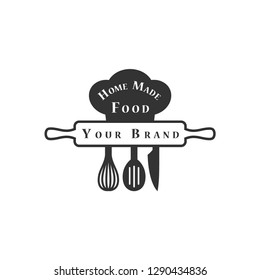 Restaurant business logo black vector design. Home kitchen trademark stamp of rolling pin, chef cap, whisk, slotted spoon and knife.