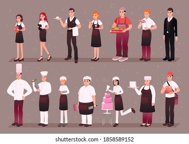 El concepto de personal de negocios. Conjunto de ilustración de persona plana vectorial. Grupo de empleados del equipo de hombres y mujeres. Chef, anfitriona, camarera, camarera.