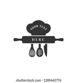 Restaurant business vector logo design. Black isolated cooking company trademark logo stamp of rolling pin, kitchen knife, whisk and slotted spoon and chef cap.