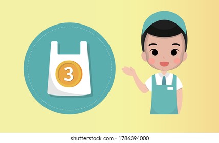 Restaurant, cafe, bakery, sales staff, selling plastic bags, buying plastic bags, environmental protection, men clerk