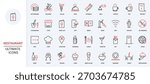 Restaurant and cafe, bar and cafeteria menu for party and lunch line icon set. Waiter, online pizza order, beer and champagne, coffee and tea thin black and red outline symbols vector illustration
