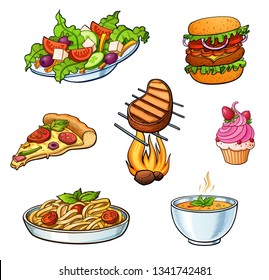 Restaurant cafe bar different type of a dishes colorful bright illustrations set. May be for menu stickers posters or other kind of design. Salad pizza pasta dessert and other