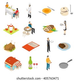 Restaurant cafe bar isometric icons collection with chef waiter and waitress serving customers food isolated vector illustration