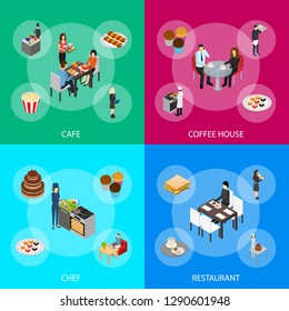 Restaurant Cafe or Bar and People 3d Banner Set Isometric View. Vector illustration of Banners