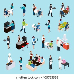 Restaurant cafe bar personnel and customers isometric icons set with waiters attending tables abstract isolated vector illustration