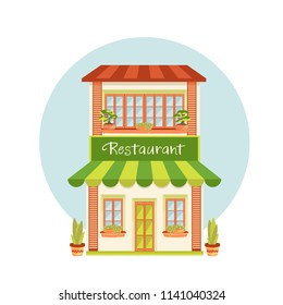 Restaurant cafe building in simple cartoon flat style. Cozy, cute two-story house with a visor and an advertising sign.
