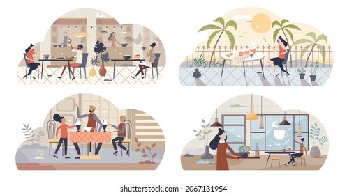 Restaurant, cafe and catering as food service tiny person collection set. Food and drink place with waitress or waiter, chef and kitchen vector illustration. Eating lunch meal in local boutique buffet