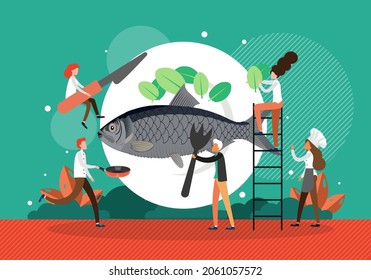 Restaurant, cafe chef cooking delicious fish dinner, flat vector illustration. Gourmet, tasty and healthy dishes.