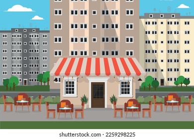 restaurant cafe in the city among the houses with a table and chairs