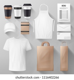 Restaurant, Cafe And Coffee Shop Corporate Identity. Mockup Template Of Food Package, Menu, Paper Cup And Bag, Uniform Apron, T-shirt And Cap, Notebook And Envelope For Business Branding Design