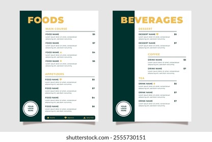 Restaurant, Cafe, Coffee Shop Menu Template - Clean, Simple, Minimalist, and Elegant Design for Food and Drink Listings.