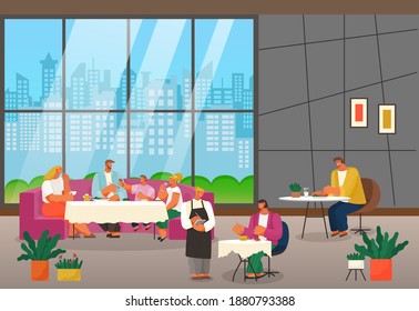 Restaurant or cafe concept, family eating, relaxing, communicating with children, waitress accept order in guest woman sitting alone at table, man eating, stylish interior with big windows, city view