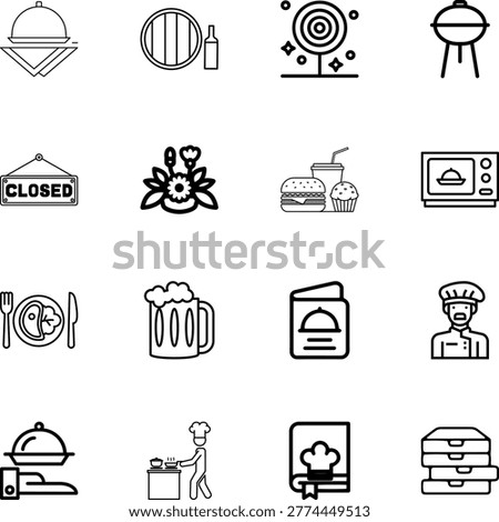 Restaurant cafe cooking kitchen chef service icons, chef, burger, beer, menu, grill, pizza, cloche, steak, wine