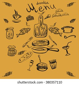 Restaurant or cafe  doodle old  menu. Hand drawn. Vector.