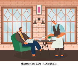 Restaurant or cafe, eating out, man ordering food and drink, waiter vector. Character sitting at table with menu or newspaper, drink and snack. Cafeteria worker in apron, coffee house illustration