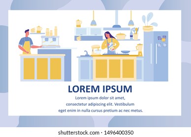 Restaurant or Cafe Employees, Staff - Barista Man and Cooker Chef Woman - Cartoon Characters at Open Working Space of Modern Professional Kitchen with Equipment and Tools. Flat Vector Illustration.