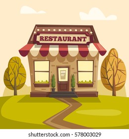 Restaurant or cafe. Exterior building. Vector cartoon illustration