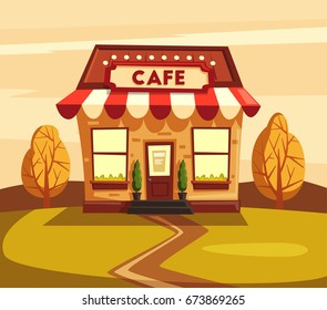 Restaurant or cafe. Exterior building. Vector cartoon illustration