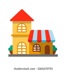Restaurant, cafe flat design long shadow color icon. Grocery store. Vector silhouette illustration