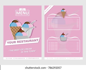 Restaurant cafe flyer design with ice cream menu on pink background. Vector template