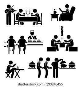 Restaurant Cafe Food Drink Candlelight Dinner Coffee Shop Japanese Sushi Korean BBQ Buffet Stick Figure Pictogram Icon