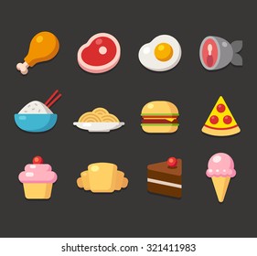 Restaurant and cafe food icons, main course and desserts. Bright cartoon vector illustration.