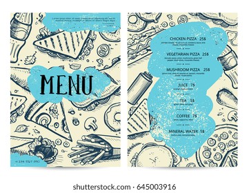 Restaurant and cafe food menu design. Hand drawn price catalog, junk food card with snack linear sketches. Fast food vector template with hand drawn pizza, hot dog, chicken, drink pencil doodles