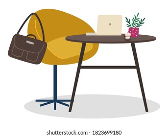 Restaurant or cafe furniture isolated interior design of dining room. Table and chair with women handbag. Laptop on wooden desk and flower in pot decoration of coffee shop, vector in flat style