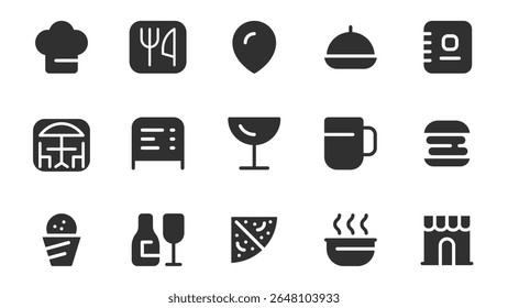 Restaurant and cafe glyph icons pack for web design. Solid icon set with chef hat, fork and knife, location pin, tray, menu, table, wine glass, coffee cup and more pictograms. Vector illustration.