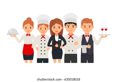 Restaurant. Cafe. A happy set of people working in restaurants and cafes. A group of people, cooks, waiters, hostesses. Vector images in cartoon style