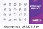 Restaurant and Cafe icon set. Contains such icons as hot, waiter, coffee, wine, glass, knife, dinner. Thin minimalist UI icon design. Editable vector icon and illustration.
